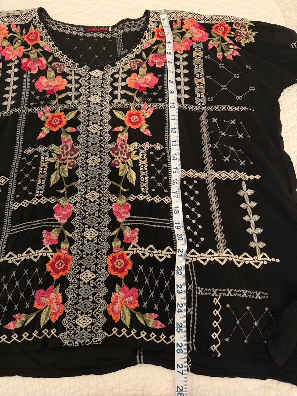 Johnny Was Black Floral Embroidered Tunic with Pink and Red Accents - Picture 4 of 7